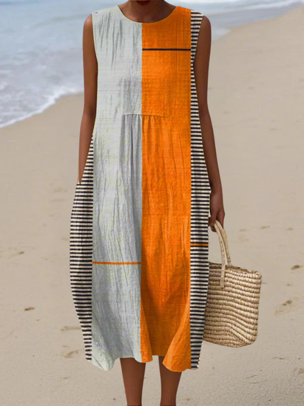 Dionisia - Vestido Bloques y Rayas Naranja y Gris