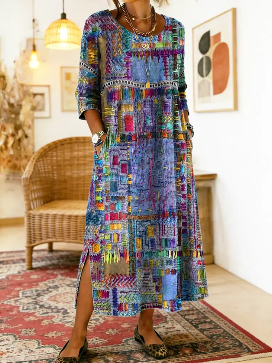 Victoria | Vestido Denim con Patchwork Étnico