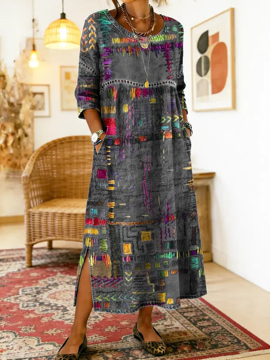 Alejandra | Vestido Denim con Patchwork Étnico