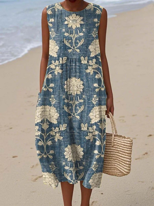 Dolores - Vestido Flores Vintage Azul y Beige