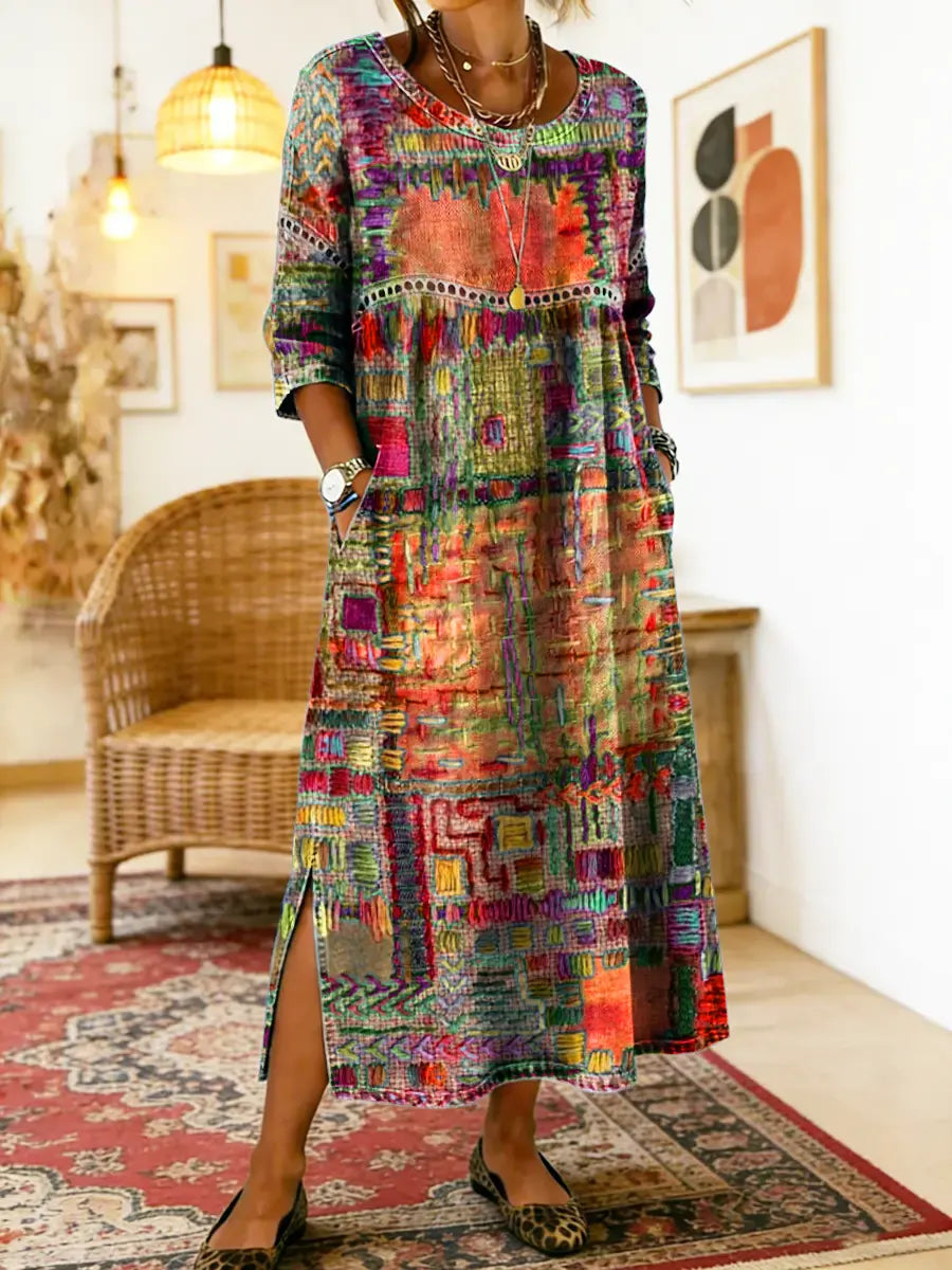 Valentina | Vestido Denim con Patchwork Étnico
